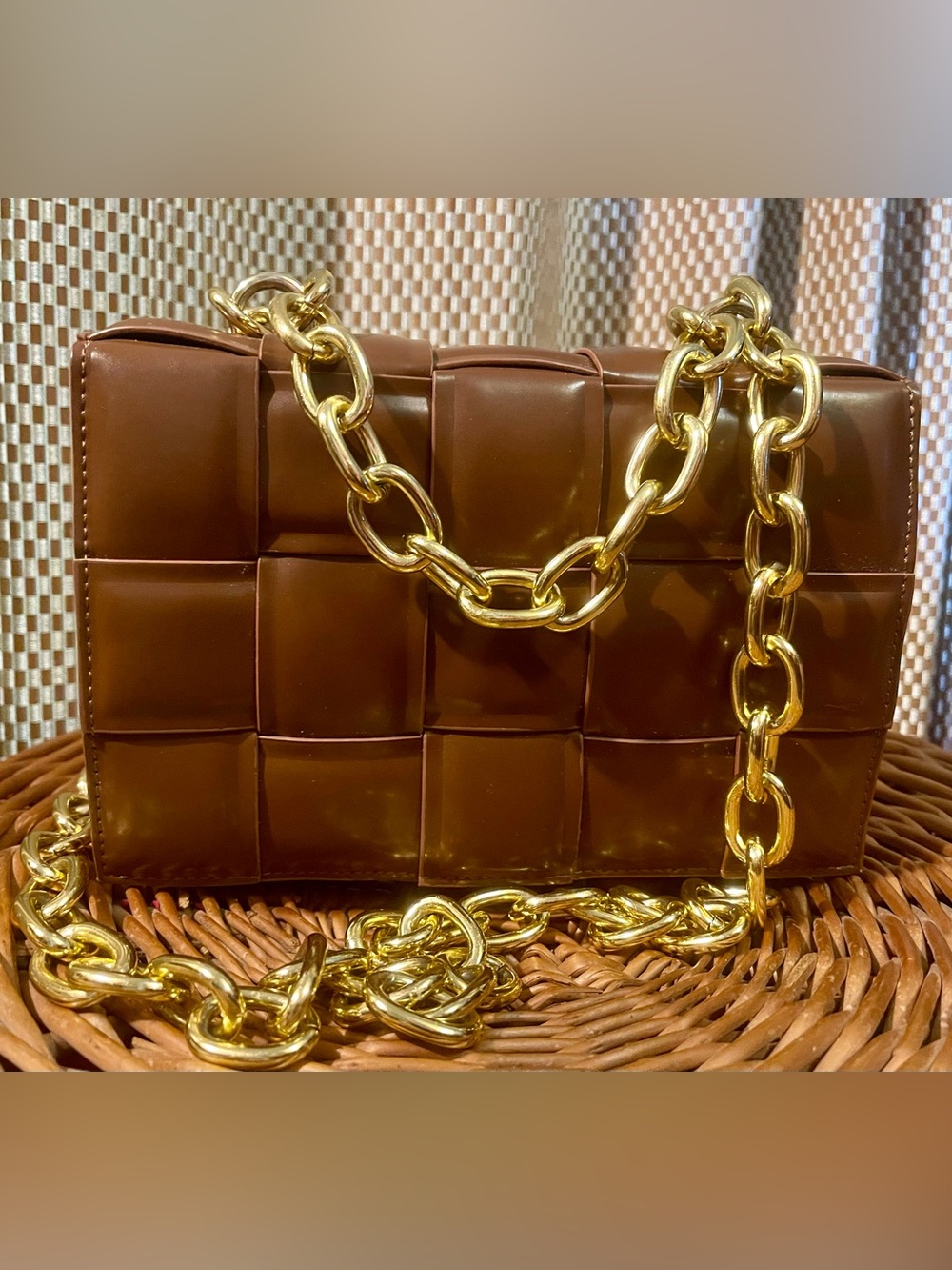 Woven Brown Faux Leather handbag/ shoulder bag with Gold Chains